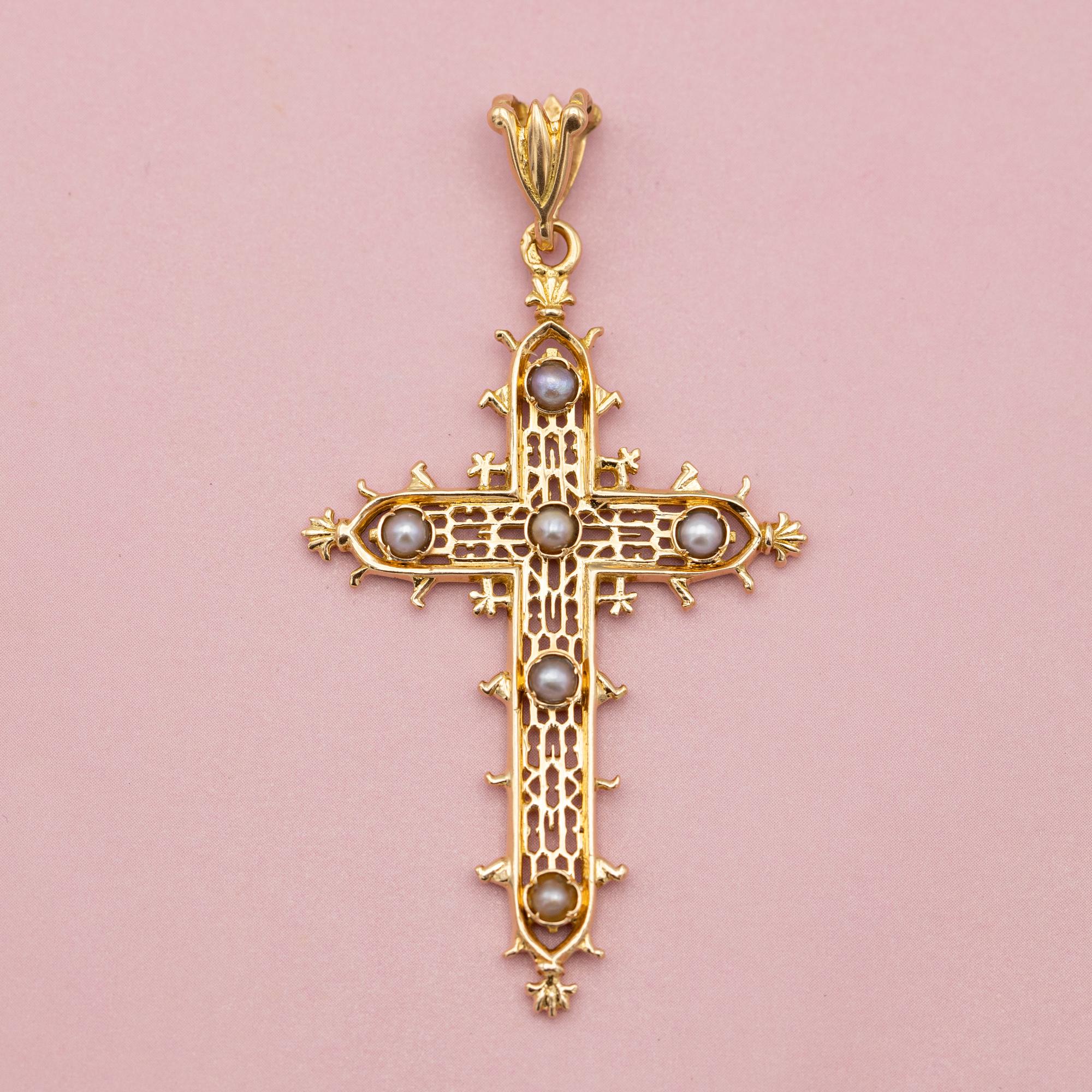 French 18k solid gold cross pendant - Estate Catholic medallion - cross medal 1