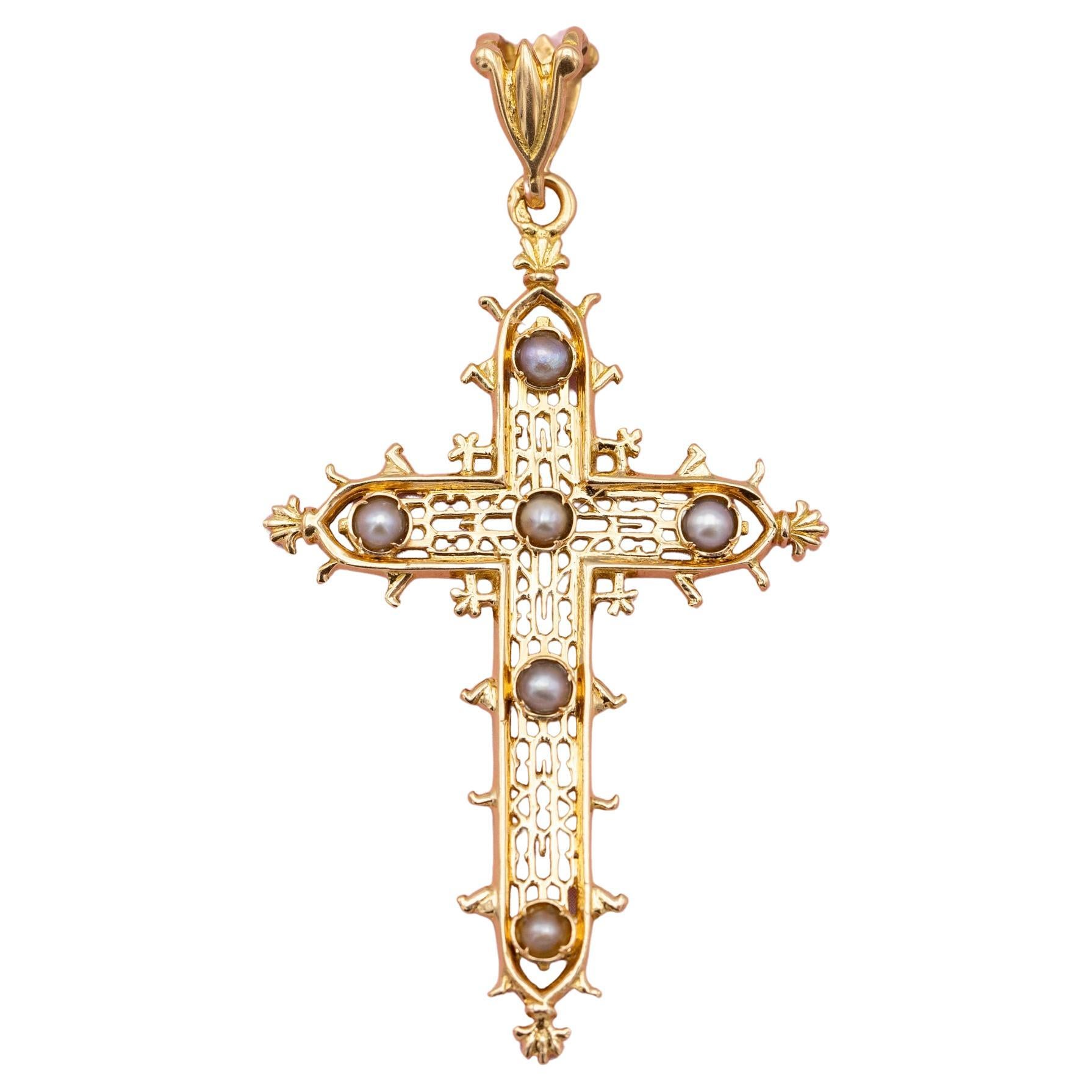 French 18k solid gold cross pendant - Estate Catholic medallion - cross medal