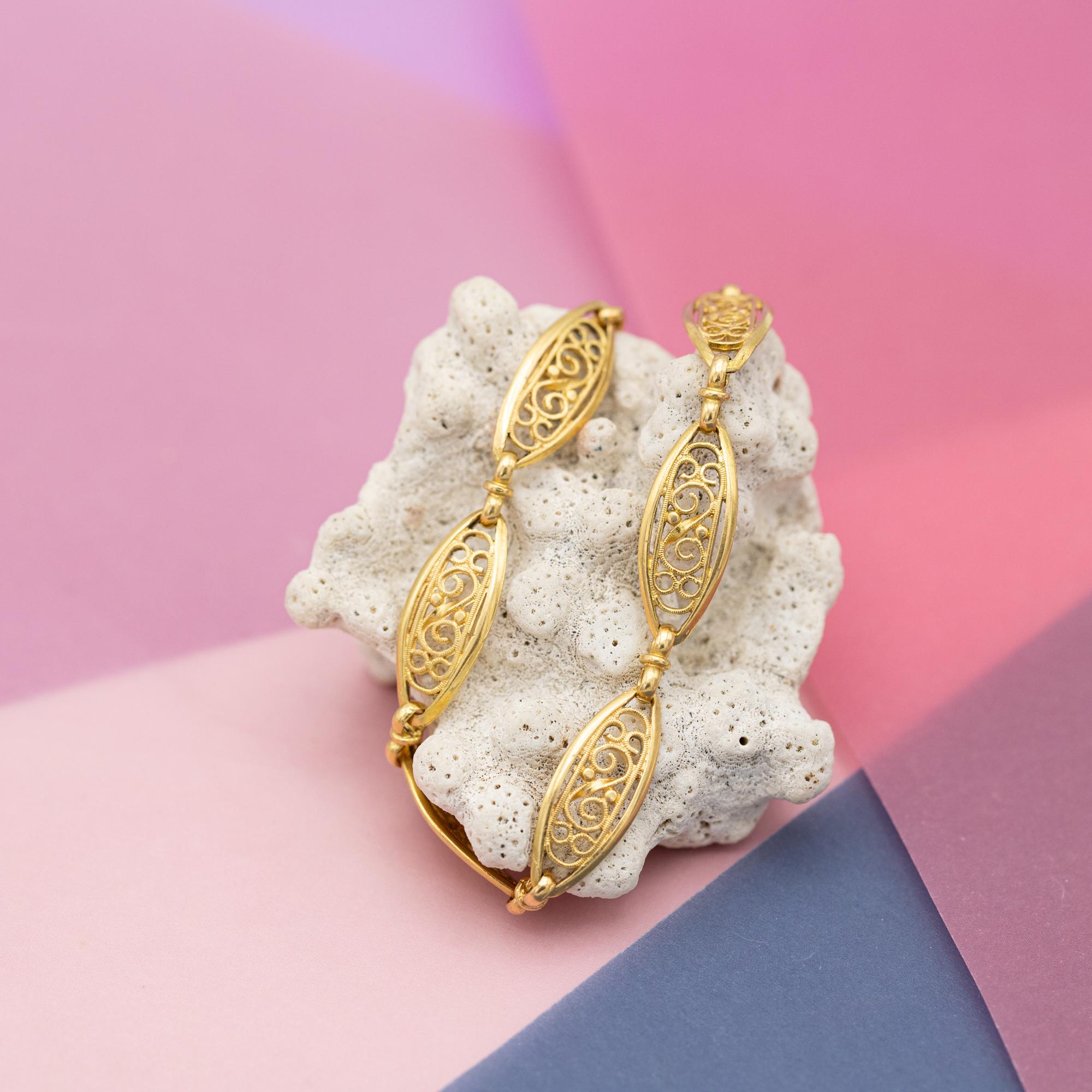 For sale is this Vintage French Floral linked bracelet. This elegant bracelet is crafted in 18k yellow gold and hallmarked with a French eagle head. It is in good condition since we believe it is a reproduction. The closure is a modern lobster claw