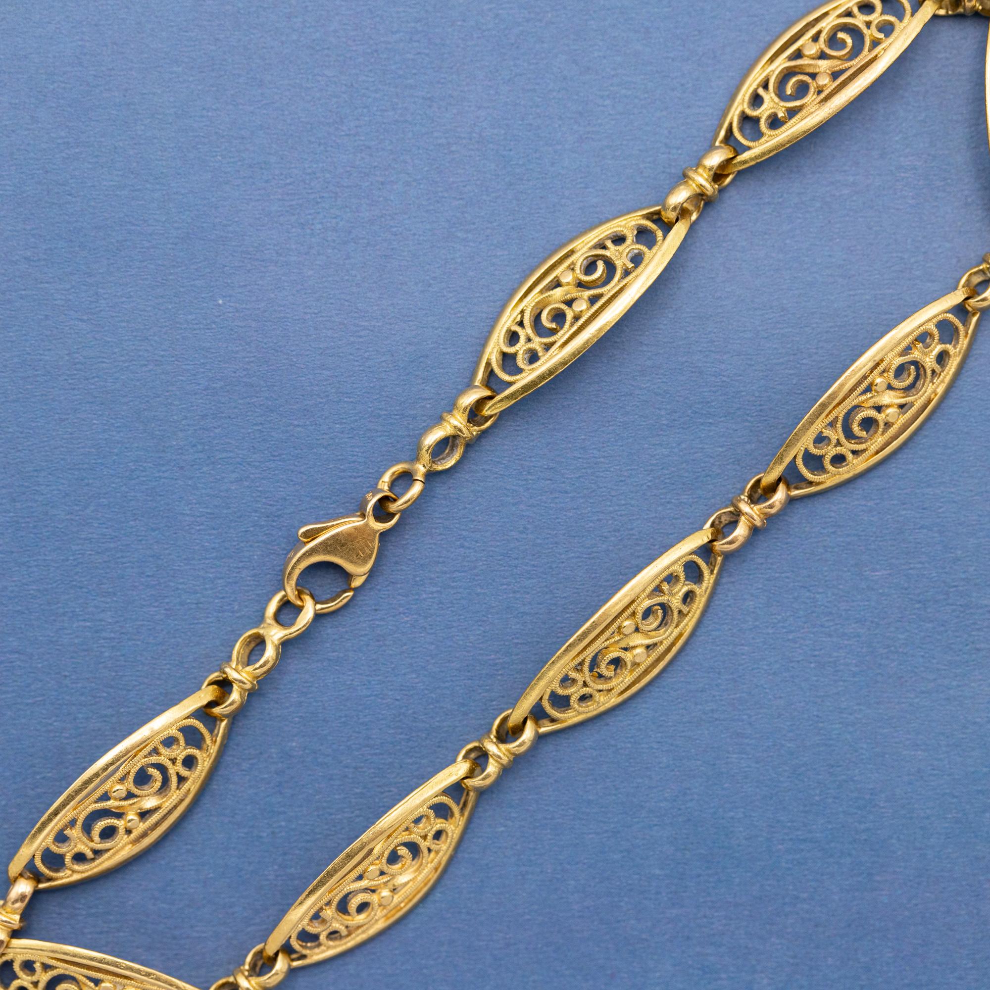 French 18k solid gold filligree chain bracelet, 1940's romantic sautoir bracelet 1