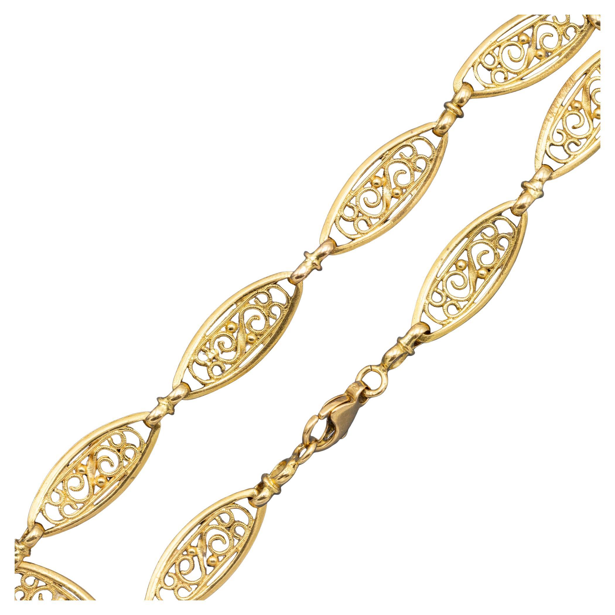 Französisches 18 Karat massives Gold filligree Kettenarmband, 1940er Jahre romantisches Sautoir-Armband