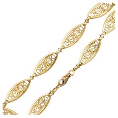 Bracelet sautoir romantique français à chaîne filligree en or massif 18 carats, années 1940