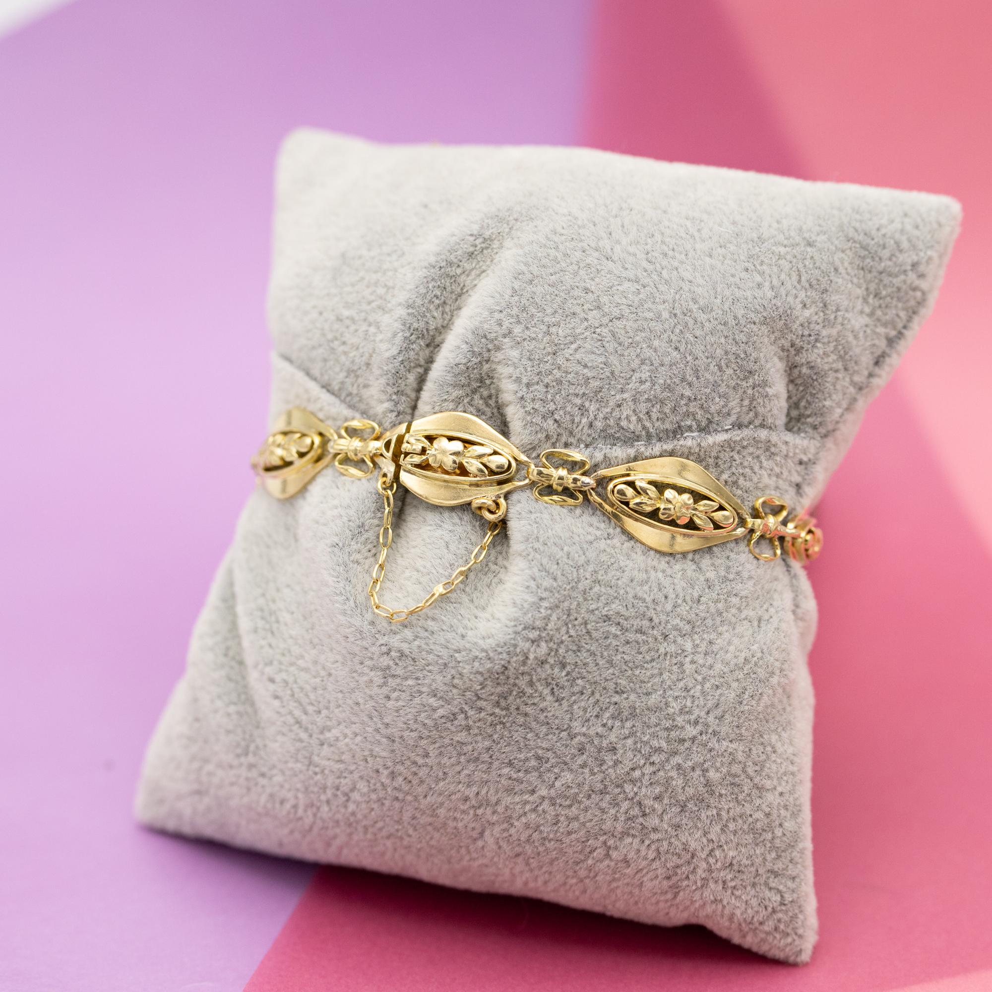 French 18k solid gold floral chain bracelet - 1940's romantic sautoir bracelet 5