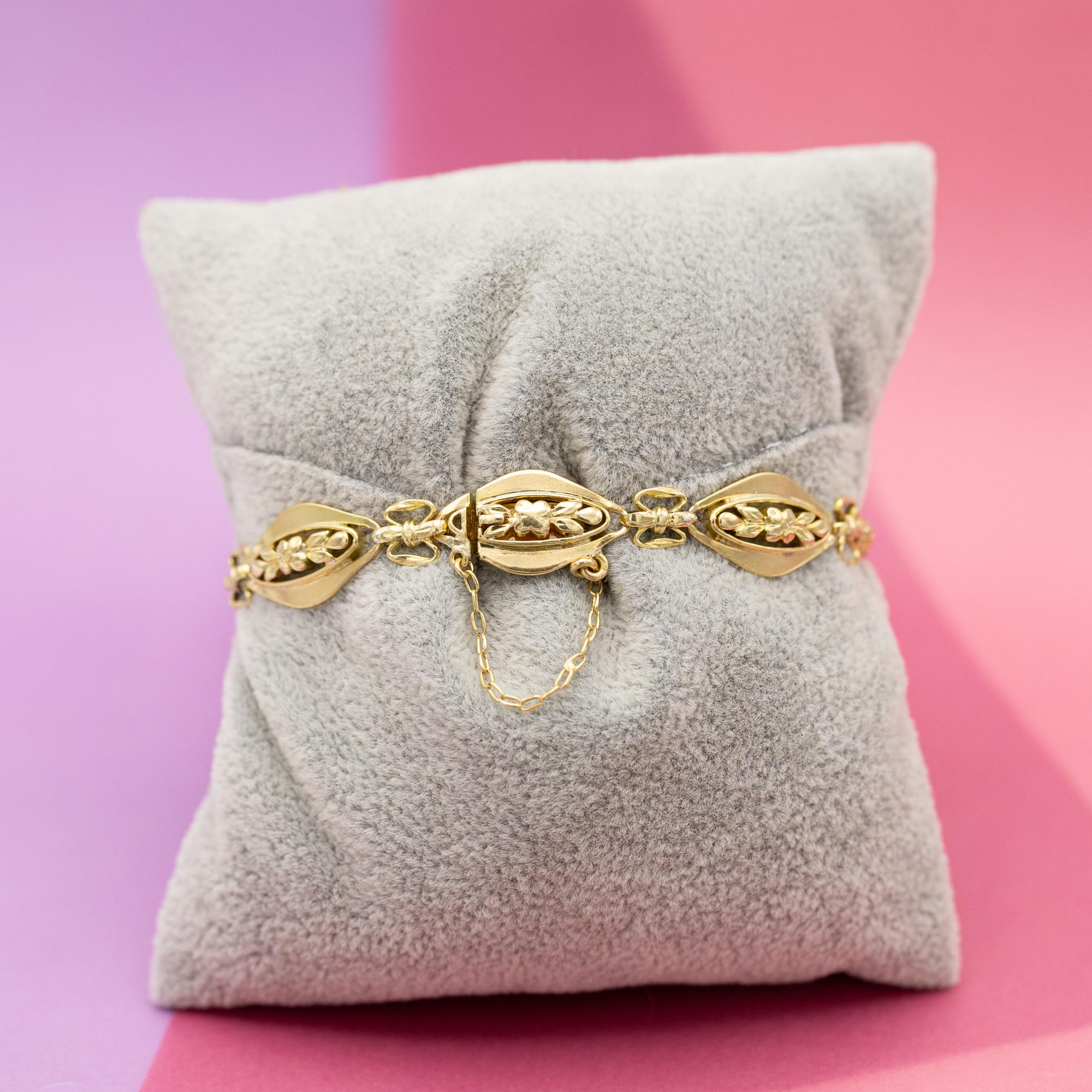 French 18k solid gold floral chain bracelet - 1940's romantic sautoir bracelet 6
