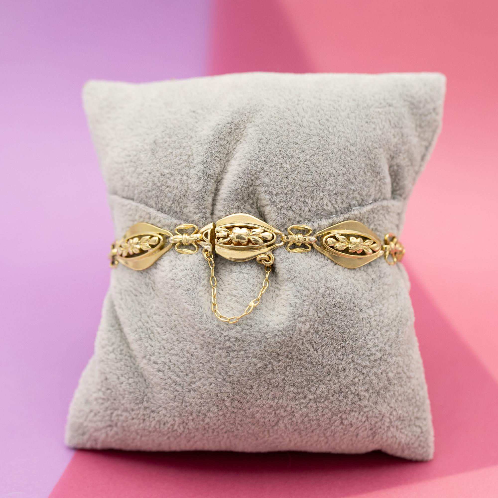 Women's or Men's French 18k solid gold floral chain bracelet - 1940's romantic sautoir bracelet