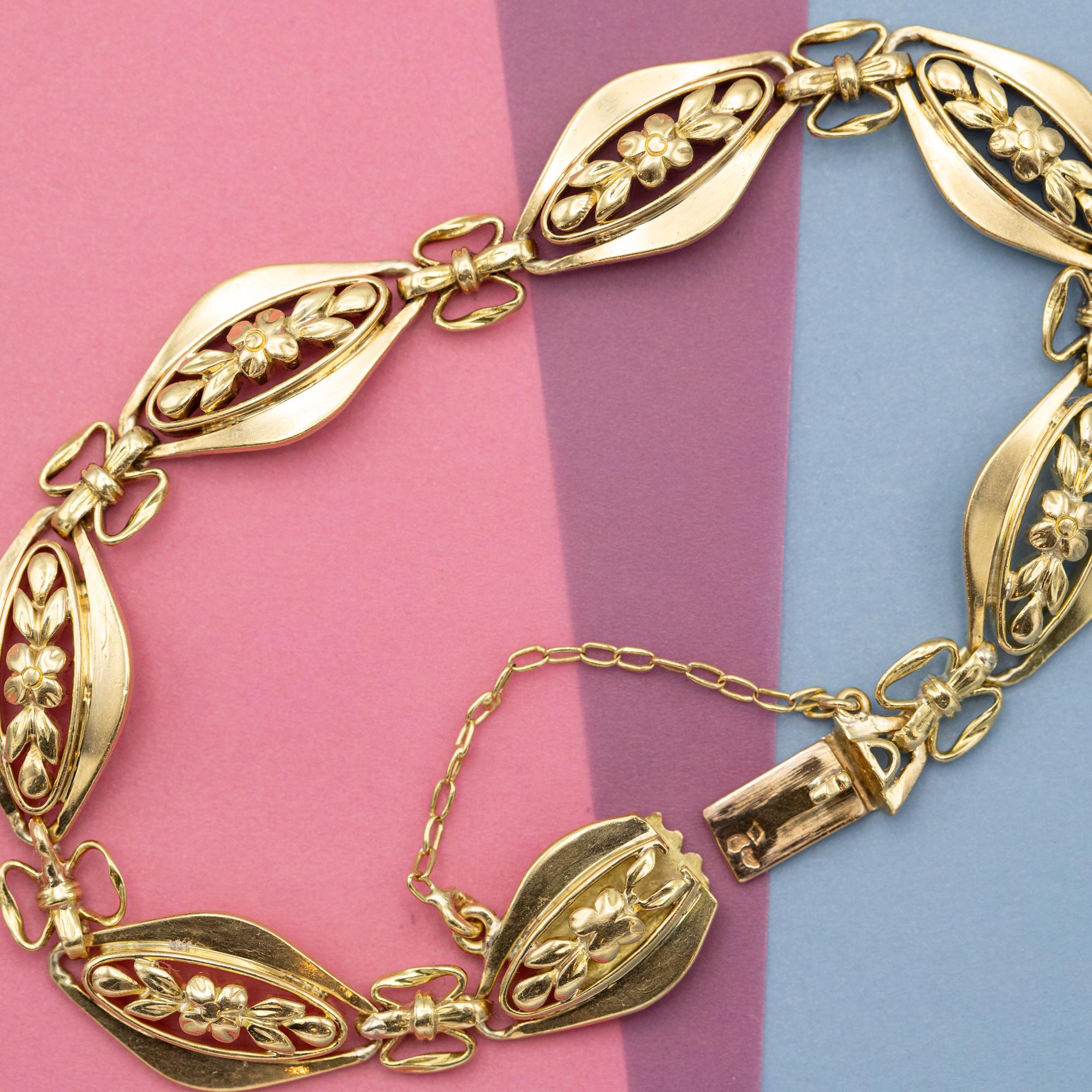 French 18k solid gold floral chain bracelet - 1940's romantic sautoir bracelet 3