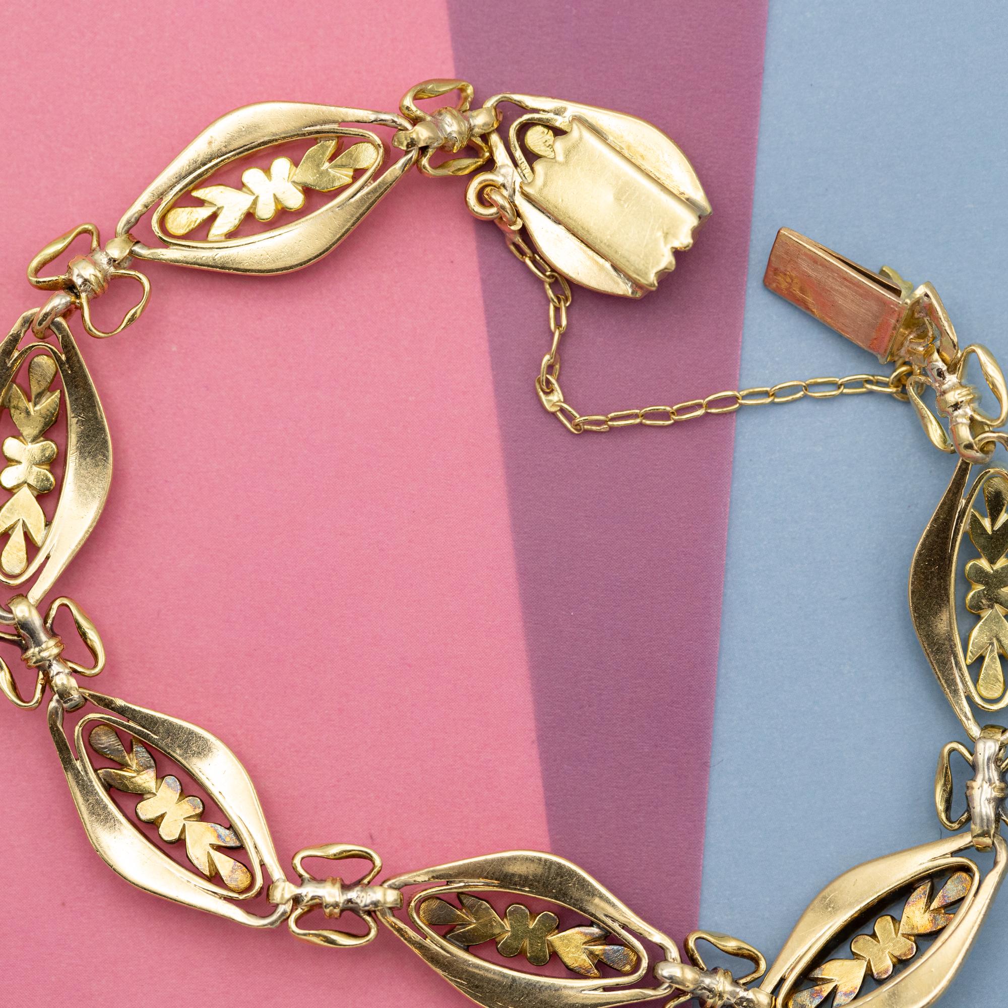 French 18k solid gold floral chain bracelet - 1940's romantic sautoir bracelet 4