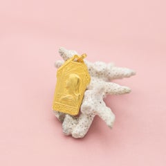 French 18K solid gold pendant - Art Deco Virgin Mary charm - Matt gold