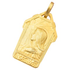 French 18K solid gold pendant - Art Deco Virgin Mary charm - Matt gold
