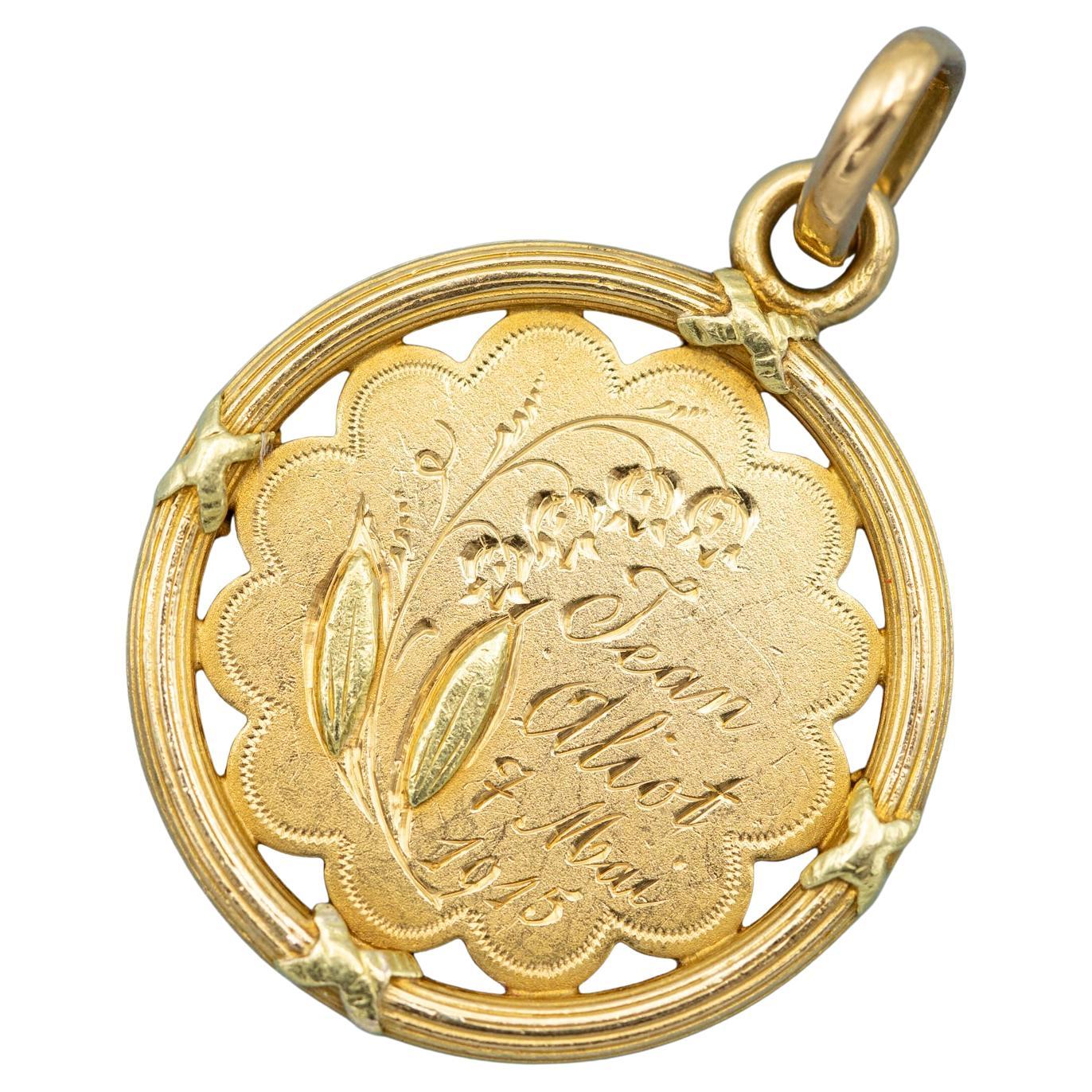French 18K solid gold pendant - Campagne war charm - Lily - Antique, Art Nouveau