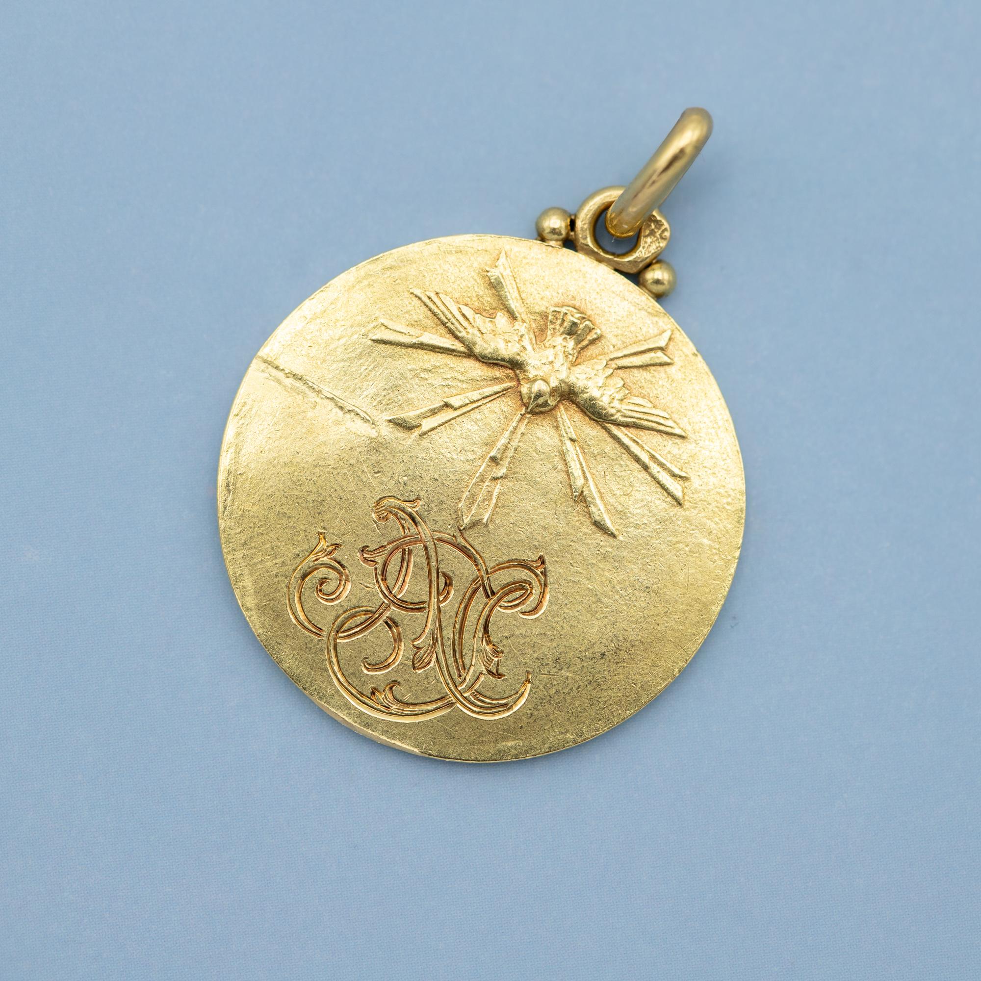 Women's or Men's French 18K solid gold pendant - Virgin Mary charm - Lily - Catholic medallion