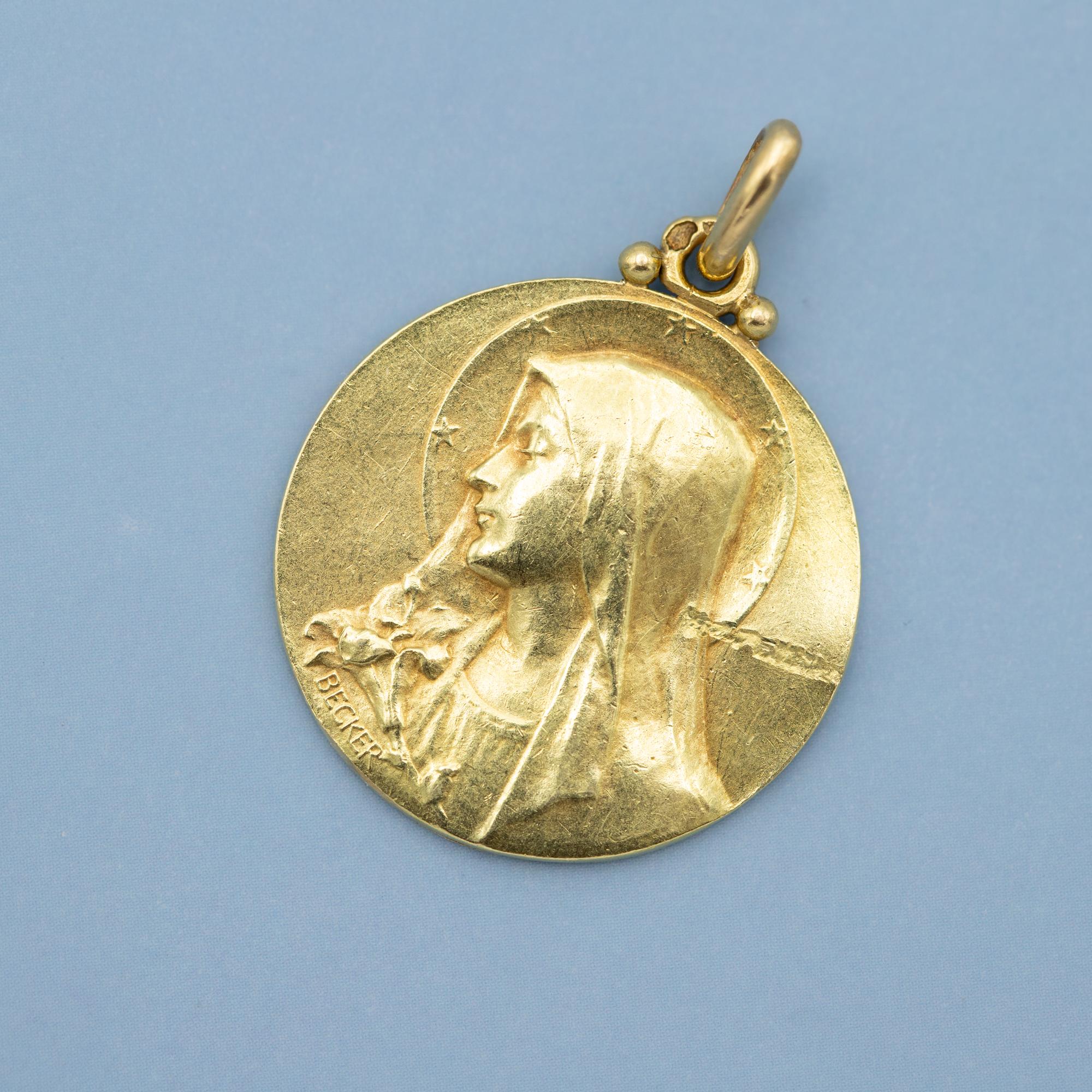 French 18K solid gold pendant - Virgin Mary charm - Lily - Catholic medallion 1