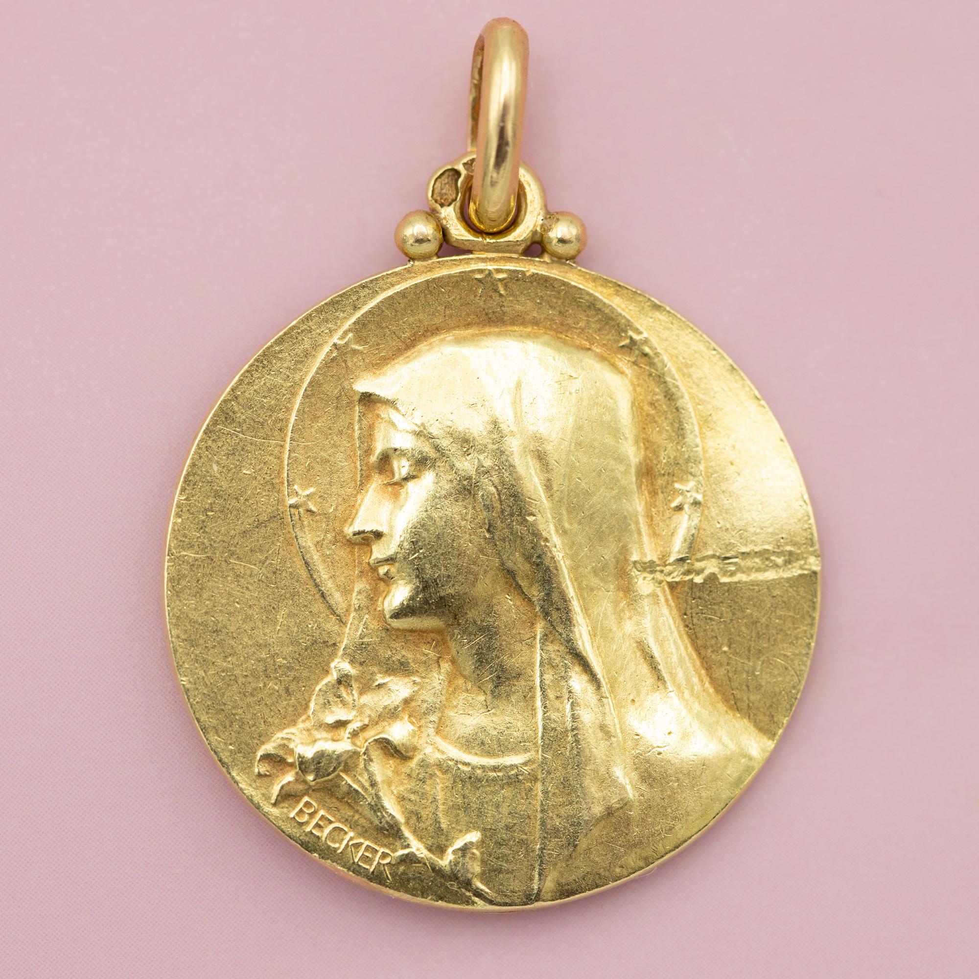 French 18K solid gold pendant - Virgin Mary charm - Lily - Catholic medallion 4