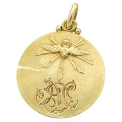 French 18K solid gold pendant - Virgin Mary charm - Lily - Catholic medallion