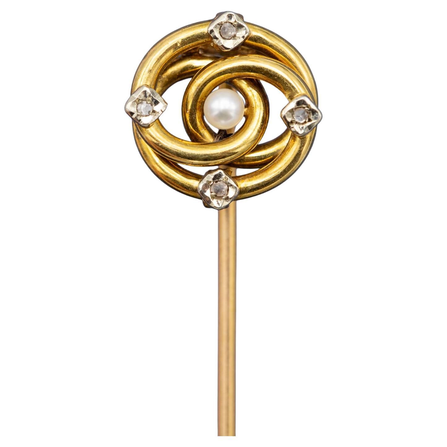 French 18k solid gold stick pin - Lovers knot - Antique Victorian pearl, diamond