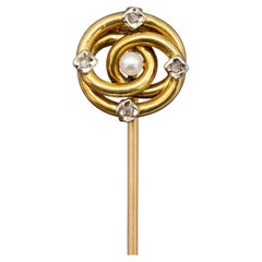 Spilla francese in oro massiccio 18 carati - Nodo degli innamorati - Perla vittoriana antica, diamante