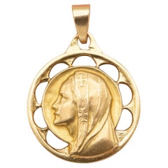 Französisch 18k massivem Gold Jungfrau Maria Charme - Floral Estate Anhänger - Gesegnete Mutter