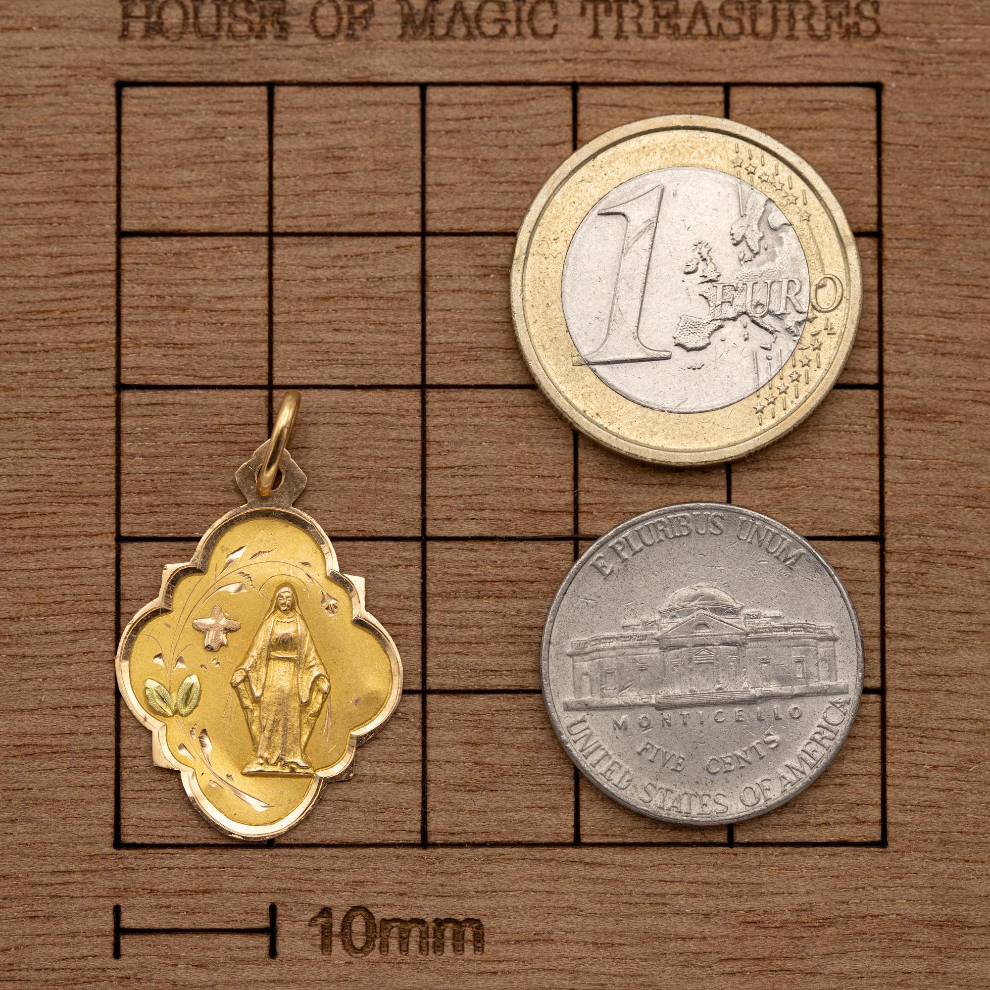 Women's or Men's French 18k solid gold Virgin Mary charm - rare Floral Antique pendant - Catholic