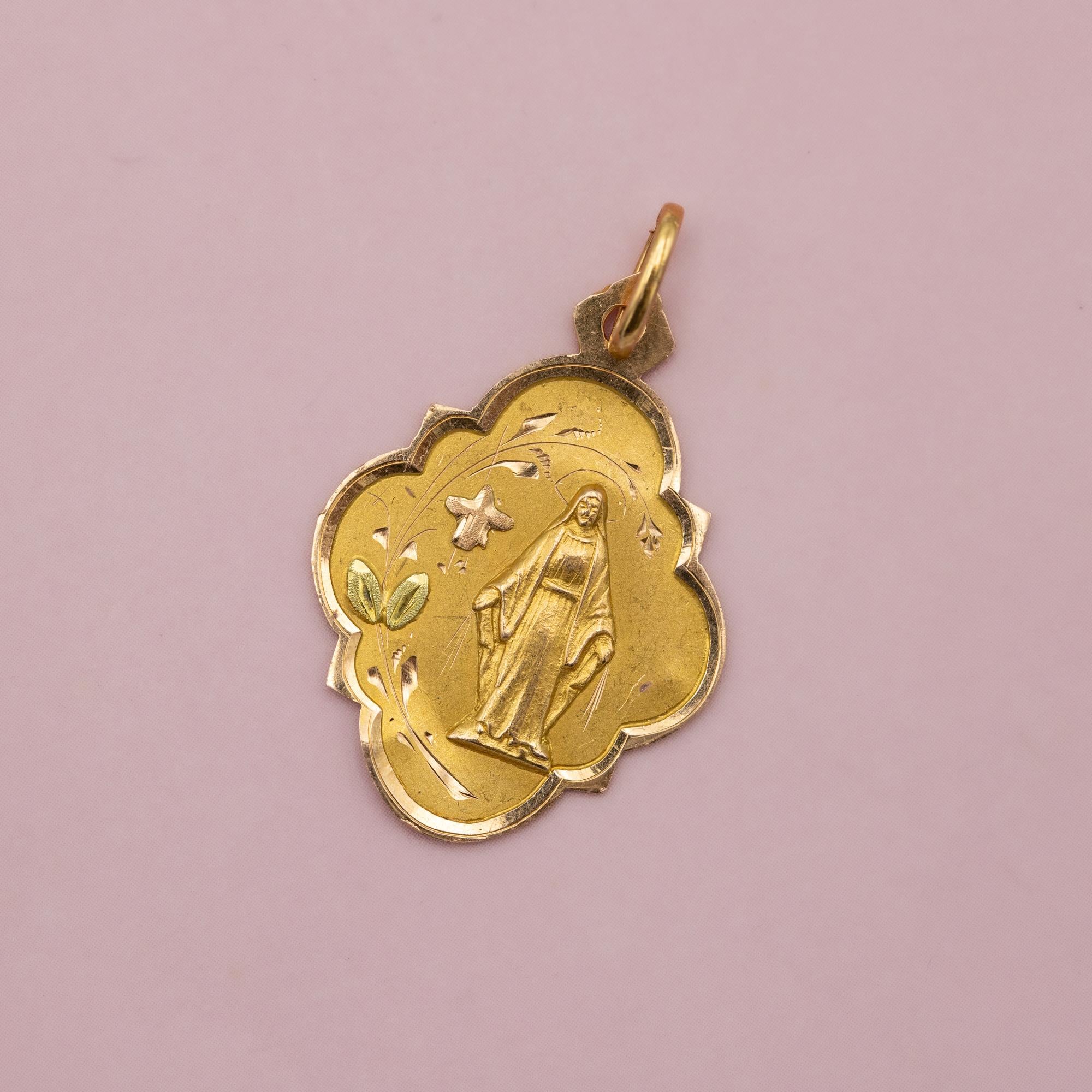 French 18k solid gold Virgin Mary charm - rare Floral Antique pendant - Catholic 1