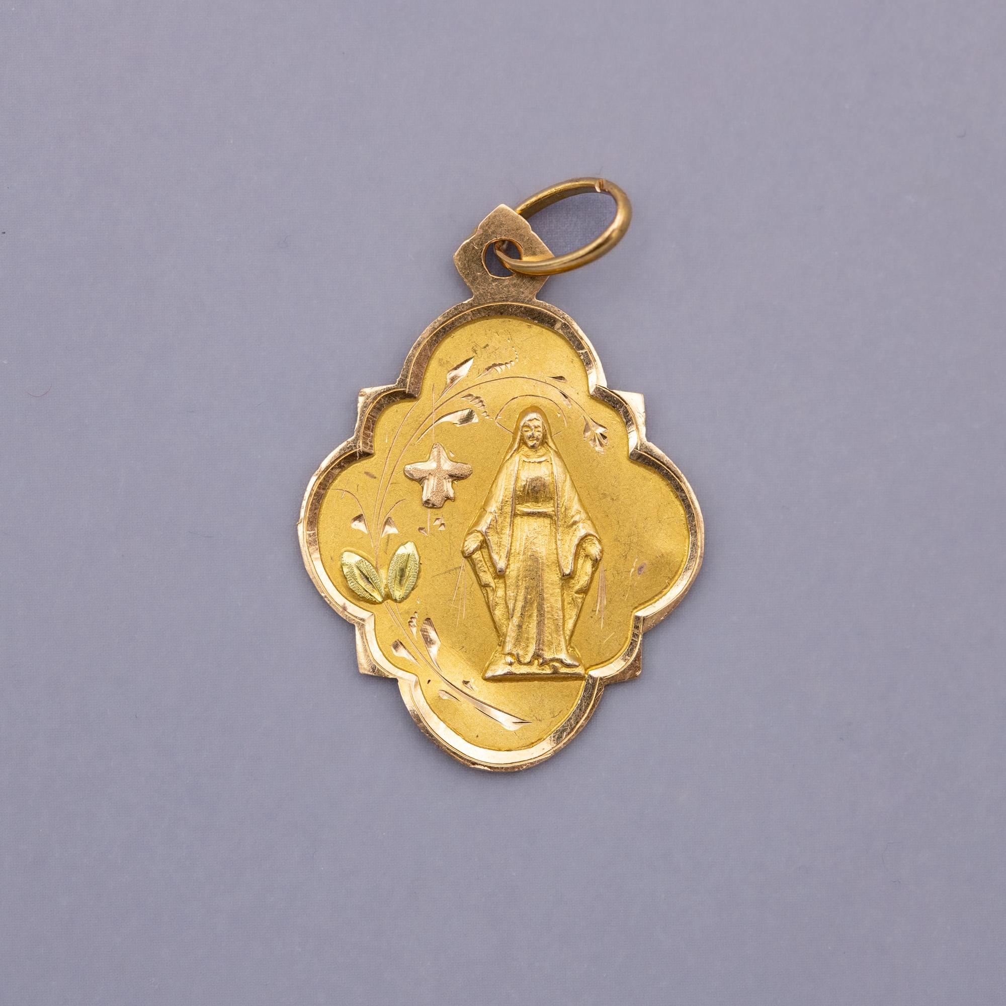 French 18k solid gold Virgin Mary charm - rare Floral Antique pendant - Catholic 3