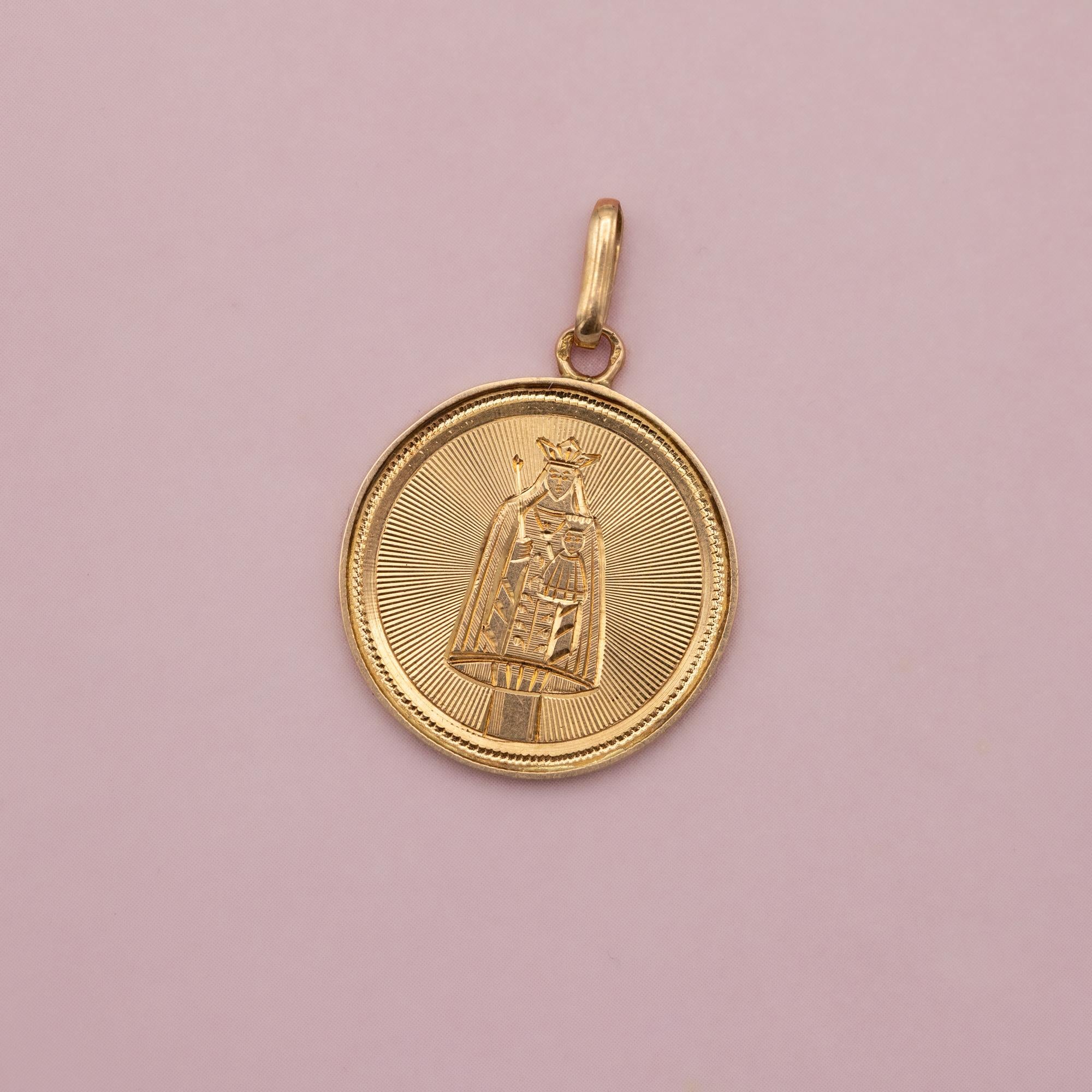 French 18k solid gold Virgin Mary charm - rare round Antique pendant - Catholic 1