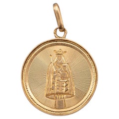 French 18k solid gold Virgin Mary charm - rare round Antique pendant - Catholic