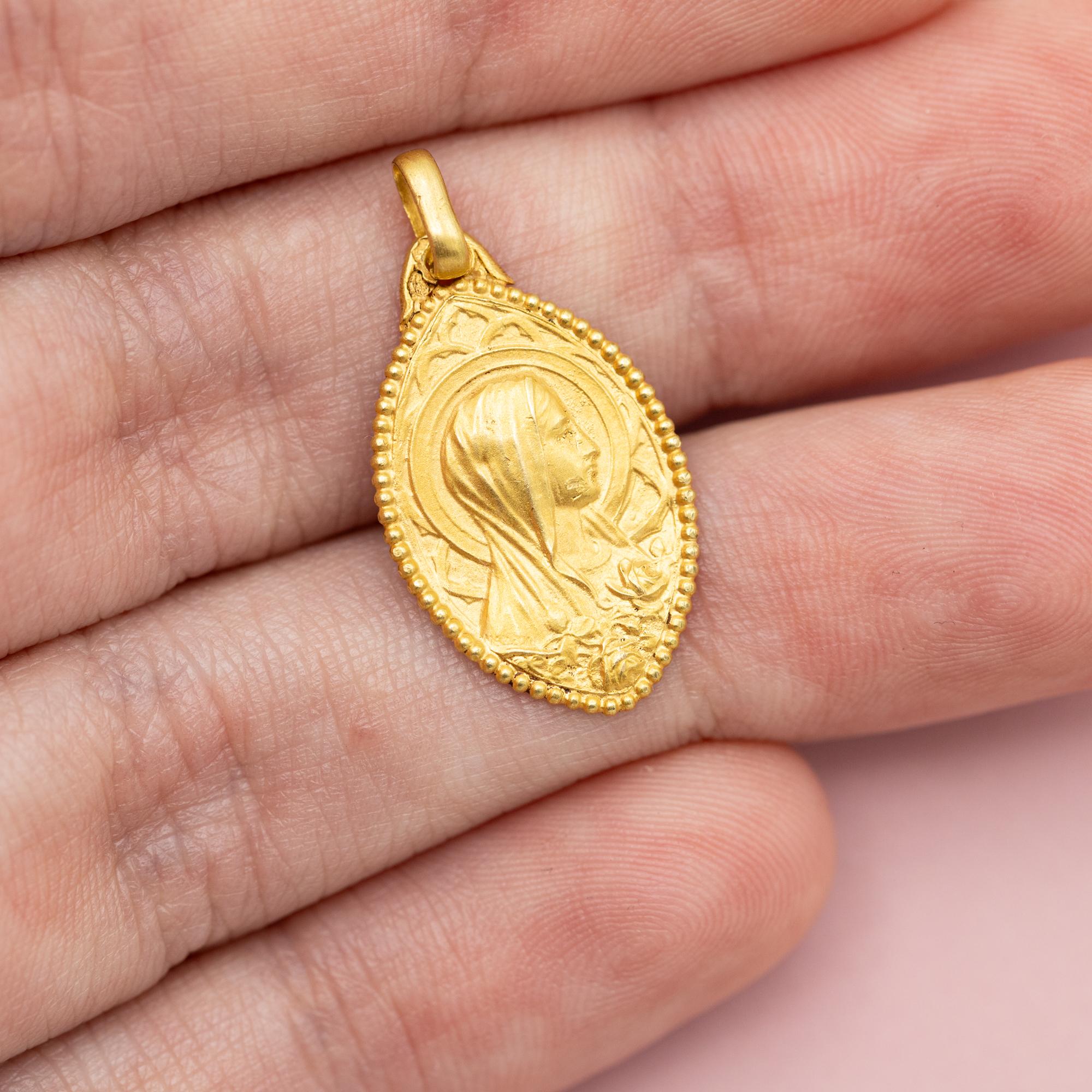 Art Deco French 18K solid yellow gold Virgin Mary charm - Floral 1930's pendant - Vintage