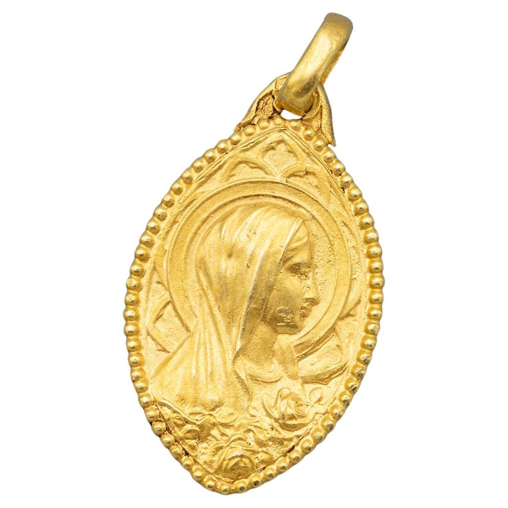 French 18K solid yellow gold Virgin Mary charm - Floral 1930's pendant - Vintage