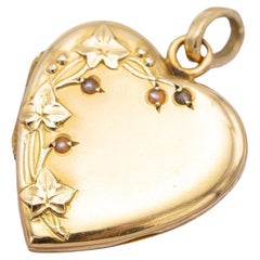French 18K Victorian Locket - 18ct solid gold heart pendant - pearl photo locket