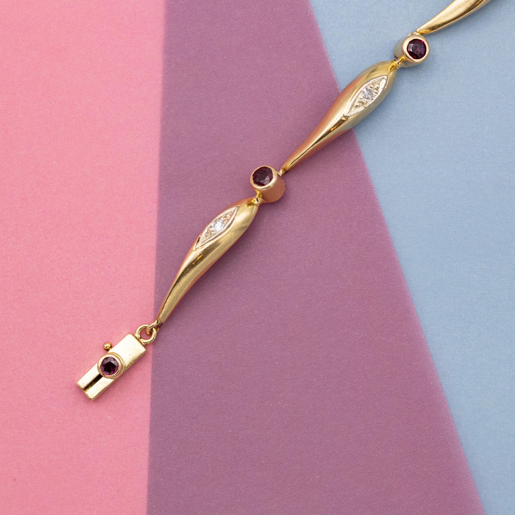 French 18k Vintage Ruby & Diamond Tennis bracelet - 0.2 ct diamonds - solid gold For Sale 2