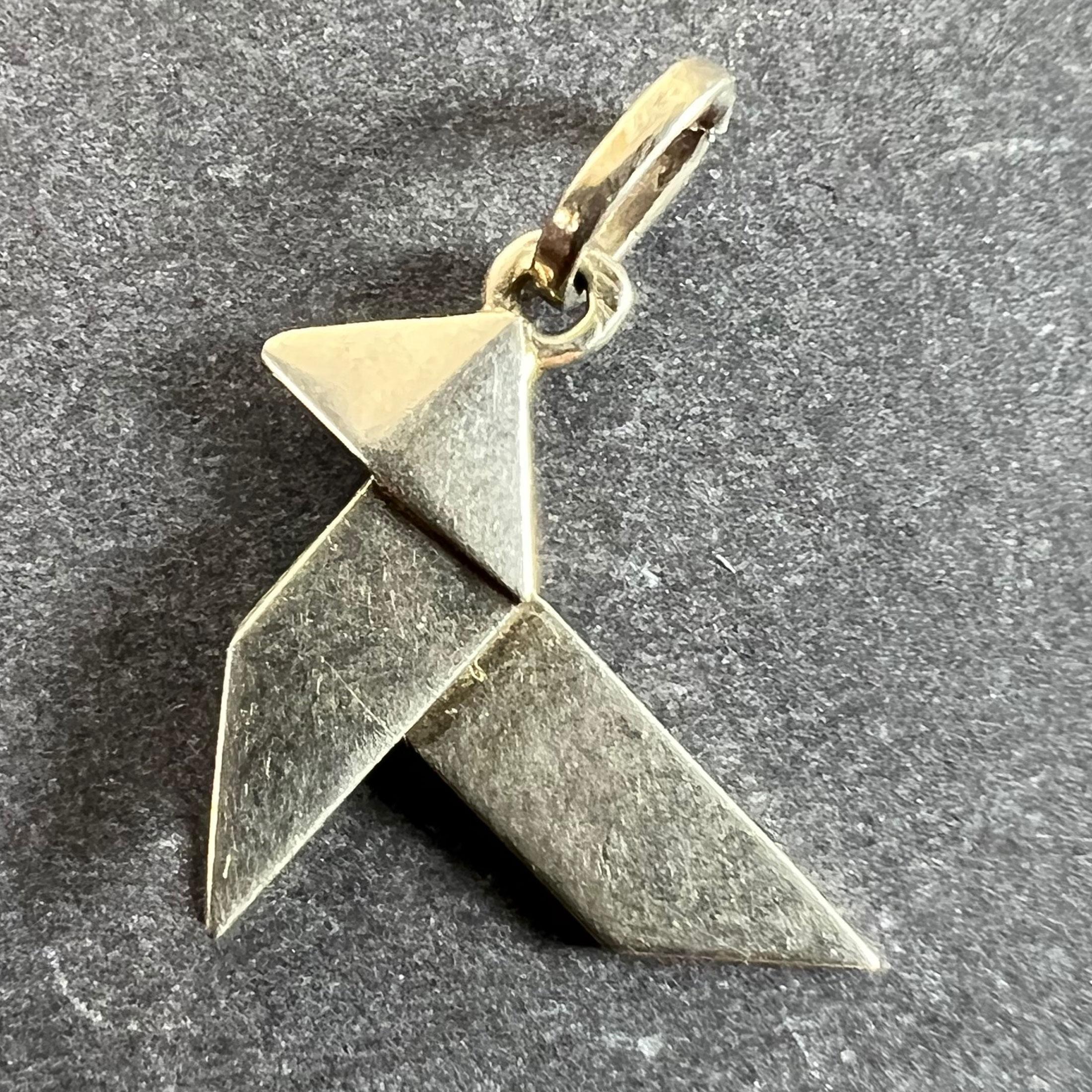 Women's or Men's French 18K White Gold Origami Bird Charm Pendant For Sale