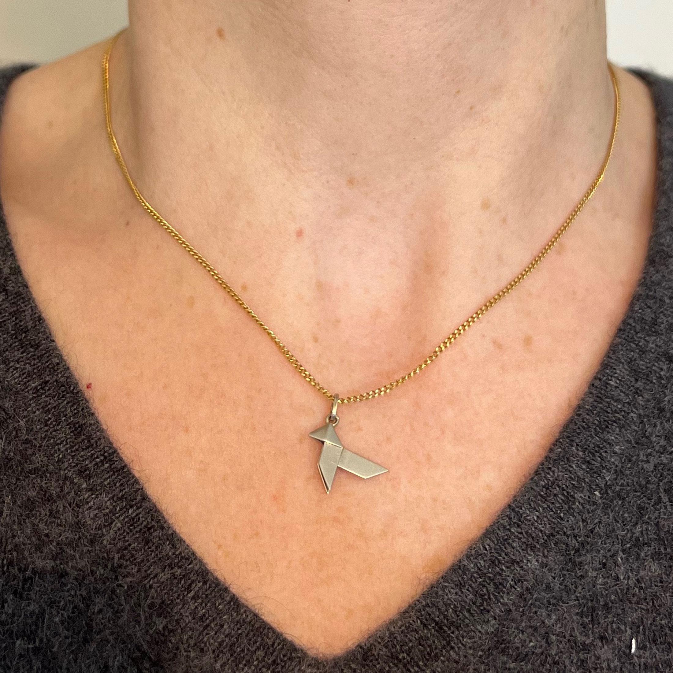 French 18K White Gold Origami Bird Charm Pendant For Sale 1