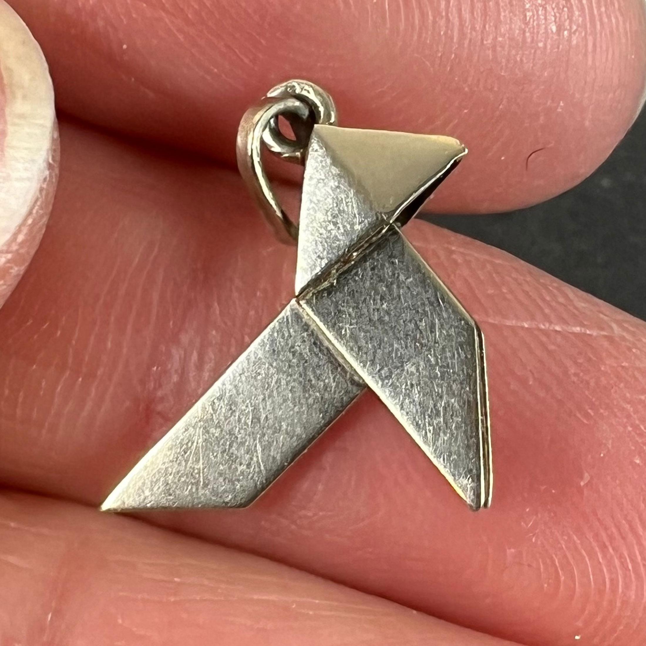 French 18K White Gold Origami Bird Charm Pendant For Sale 2