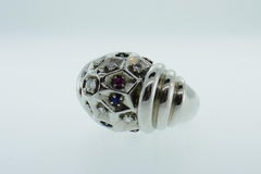 French 18 Karat White Gold, Platinum, Diamond Sapphire and Ruby Bombe Ring Retro