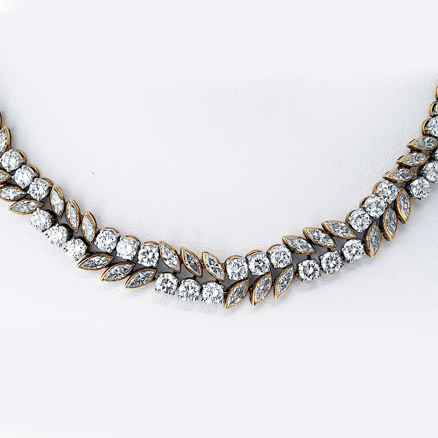 Marquise Cut French 18K Yellow And White Gold 32.00 Carat Diamond Necklace For Sale