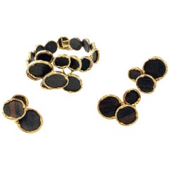 French 18 Karat Yellow Gold and Dark Brown Wood Ring, Earrings and Bangle Set