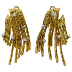 French 18k Yellow Gold and Diamond Tassel Dangle Earrings Vintage, circa 1960s
