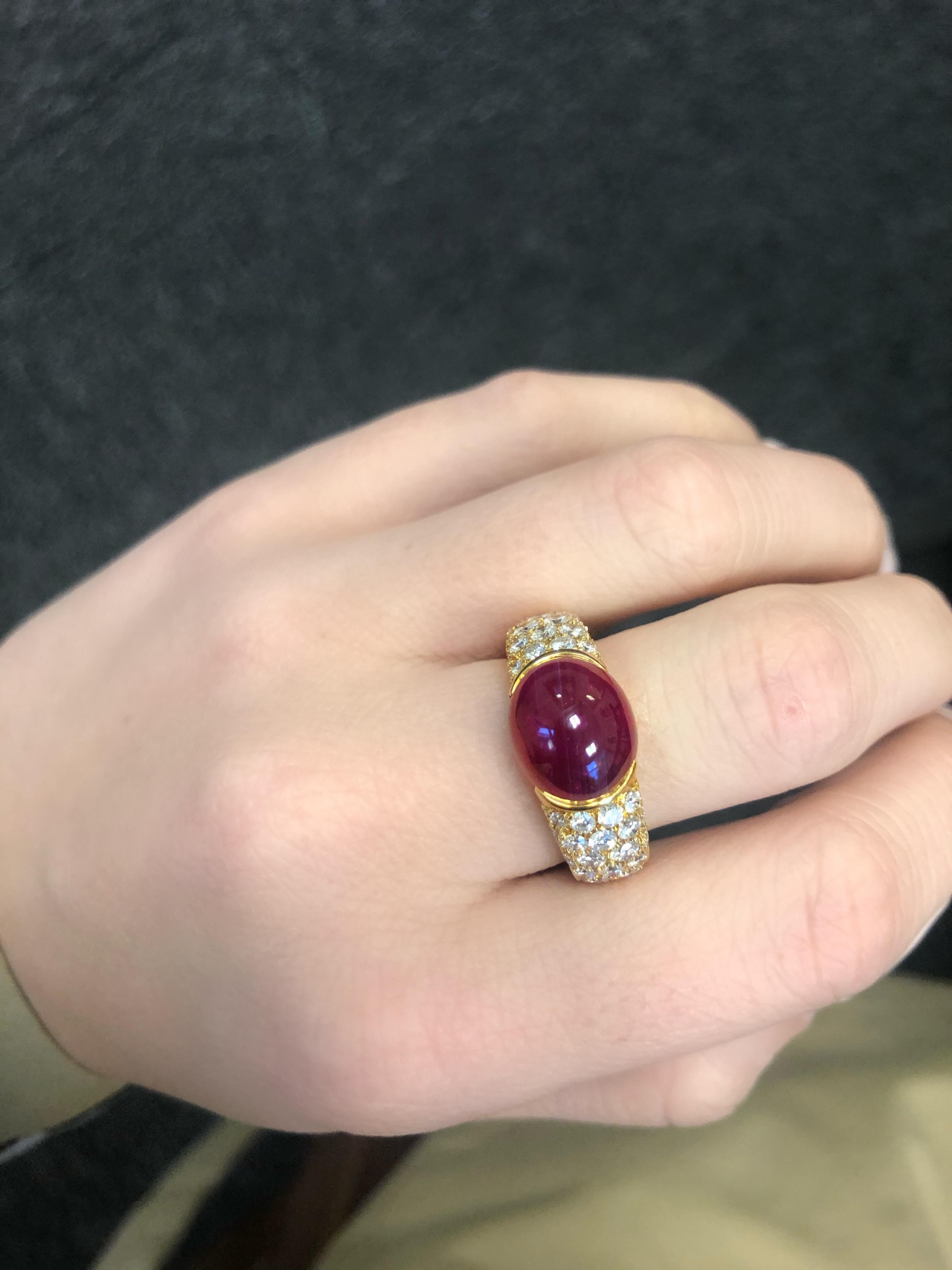 French 18 Karat Yellow Gold Cabochon No Heat Ruby and Pave Diamond Ring For Sale 5
