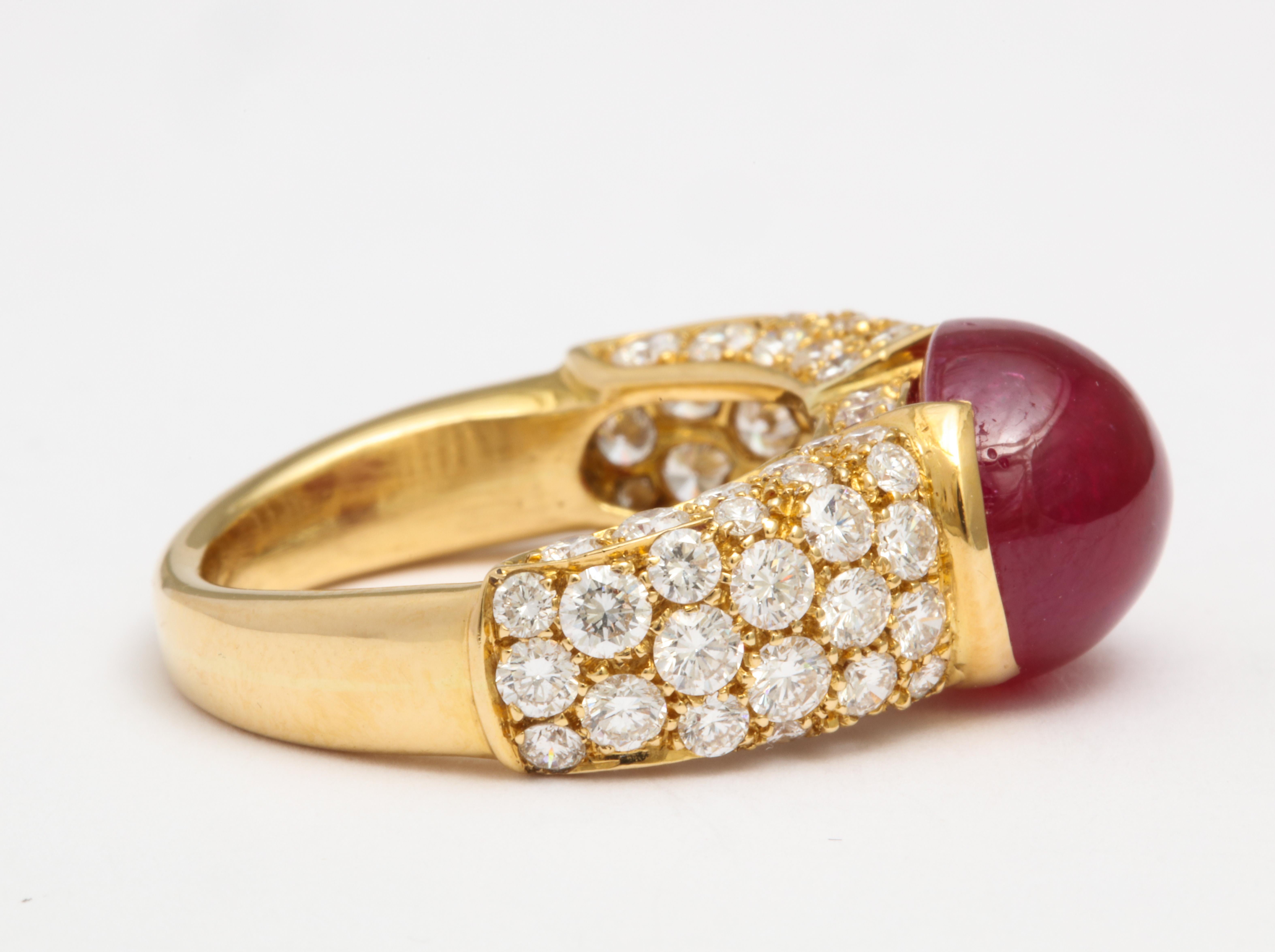 Women's or Men's French 18 Karat Yellow Gold Cabochon No Heat Ruby and Pave Diamond Ring For Sale