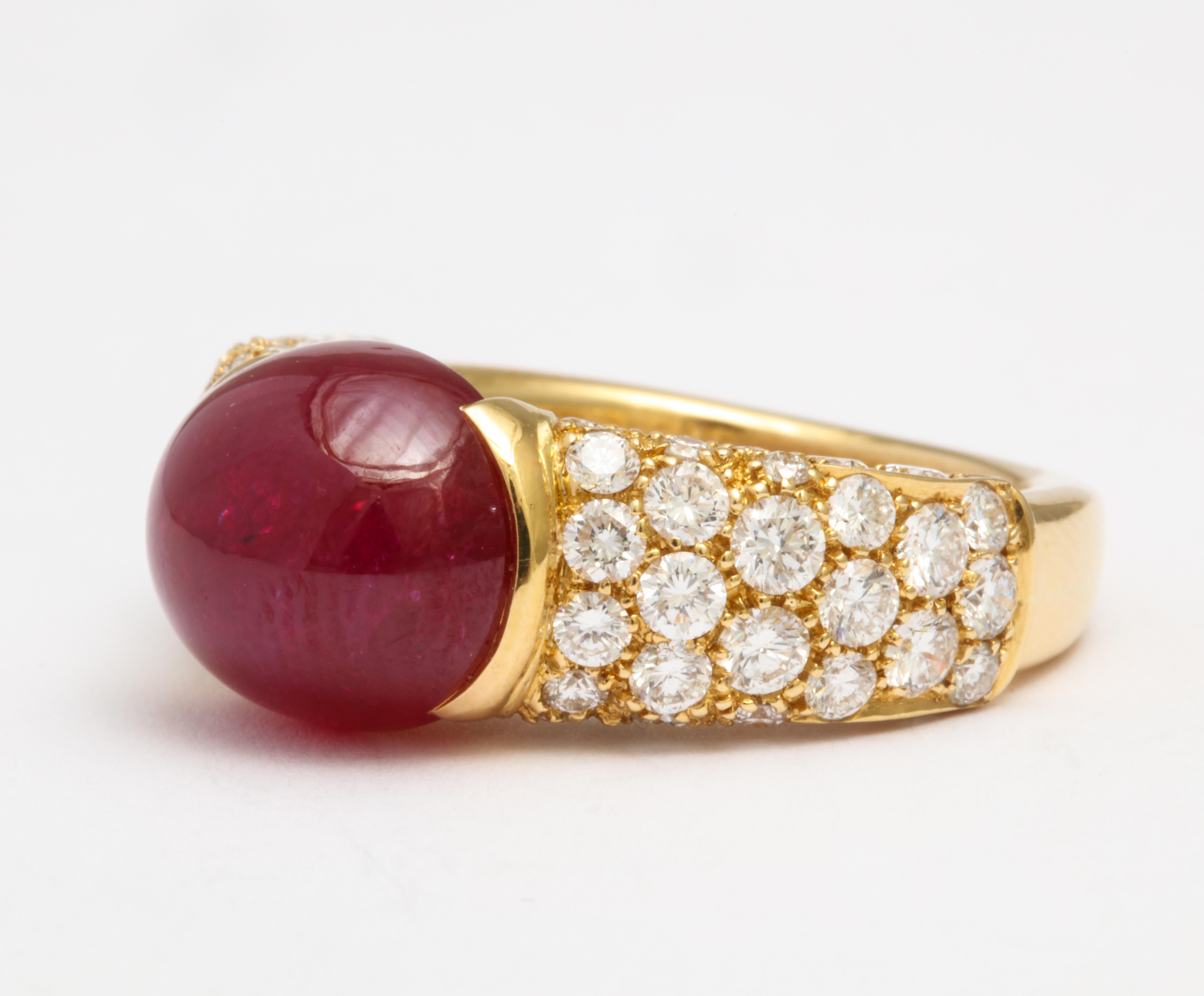 French 18 Karat Yellow Gold Cabochon No Heat Ruby and Pave Diamond Ring For Sale 1