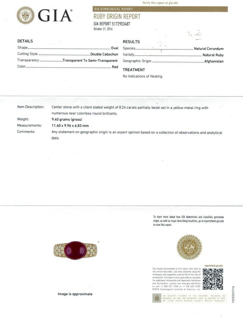 French 18 Karat Yellow Gold Cabochon No Heat Ruby and Pave Diamond Ring For Sale 4