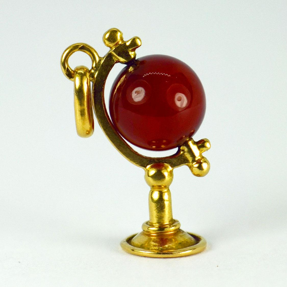Bead French 18K Yellow Gold Carnelian Spinning Globe Charm Pendant For Sale