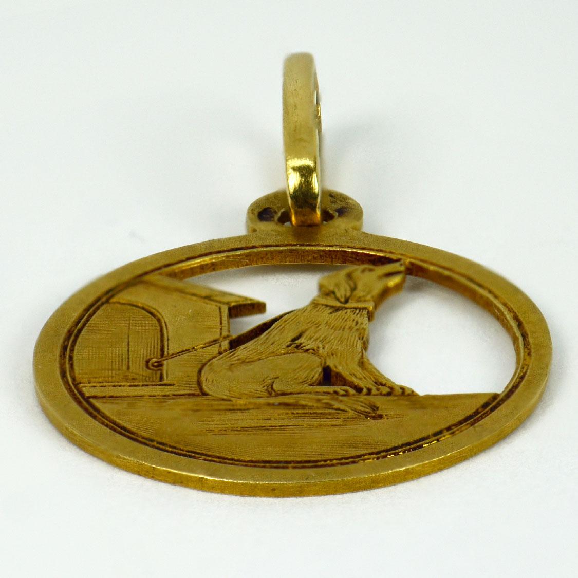 A French 18 karat (18K) yellow gold charm pendant designed as a pierced disc depicting a dog outside its dog house. Stamped with the eagles head for French manufacture and 18 karat gold with an unknown maker’s mark.

Dimensions: 2.3 x 2 x 0.5 cm