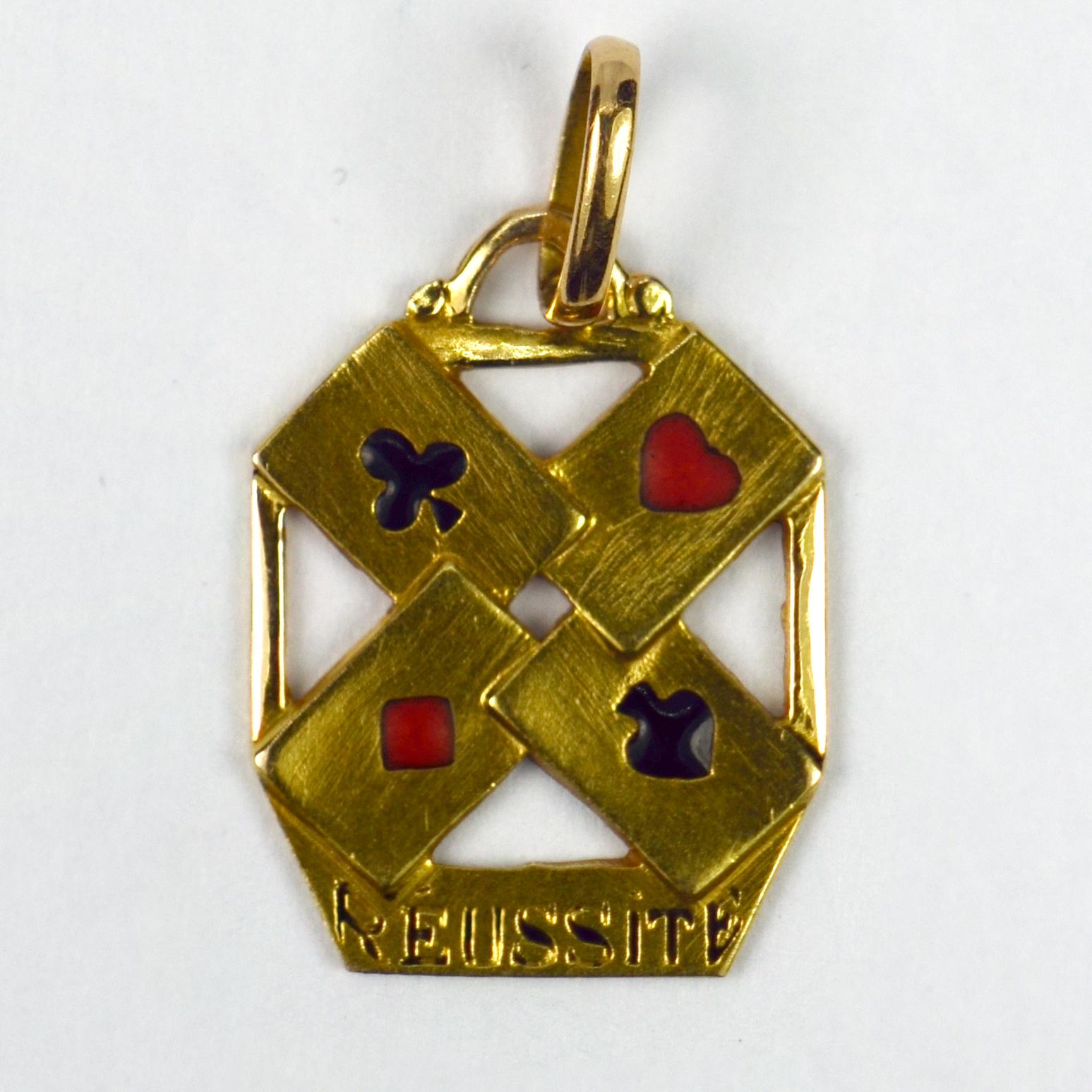 Women's or Men's French 18 Karat Yellow Gold Enamel ‘Reussite’ Aces Gambling Cards Charm Pendant