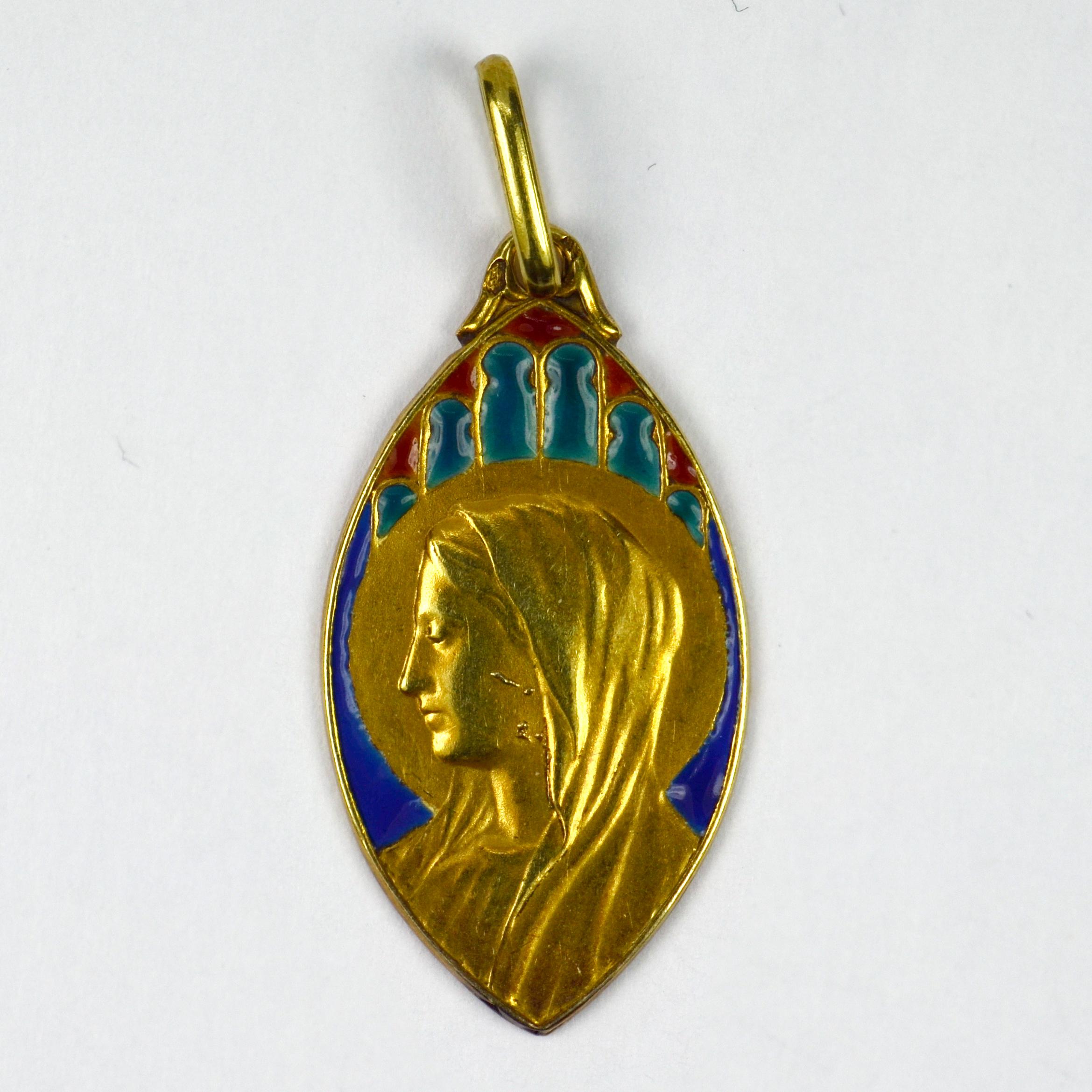 French 18 Karat Yellow Gold Enamel Virgin Mary Navette Charm Pendant In Good Condition In London, GB
