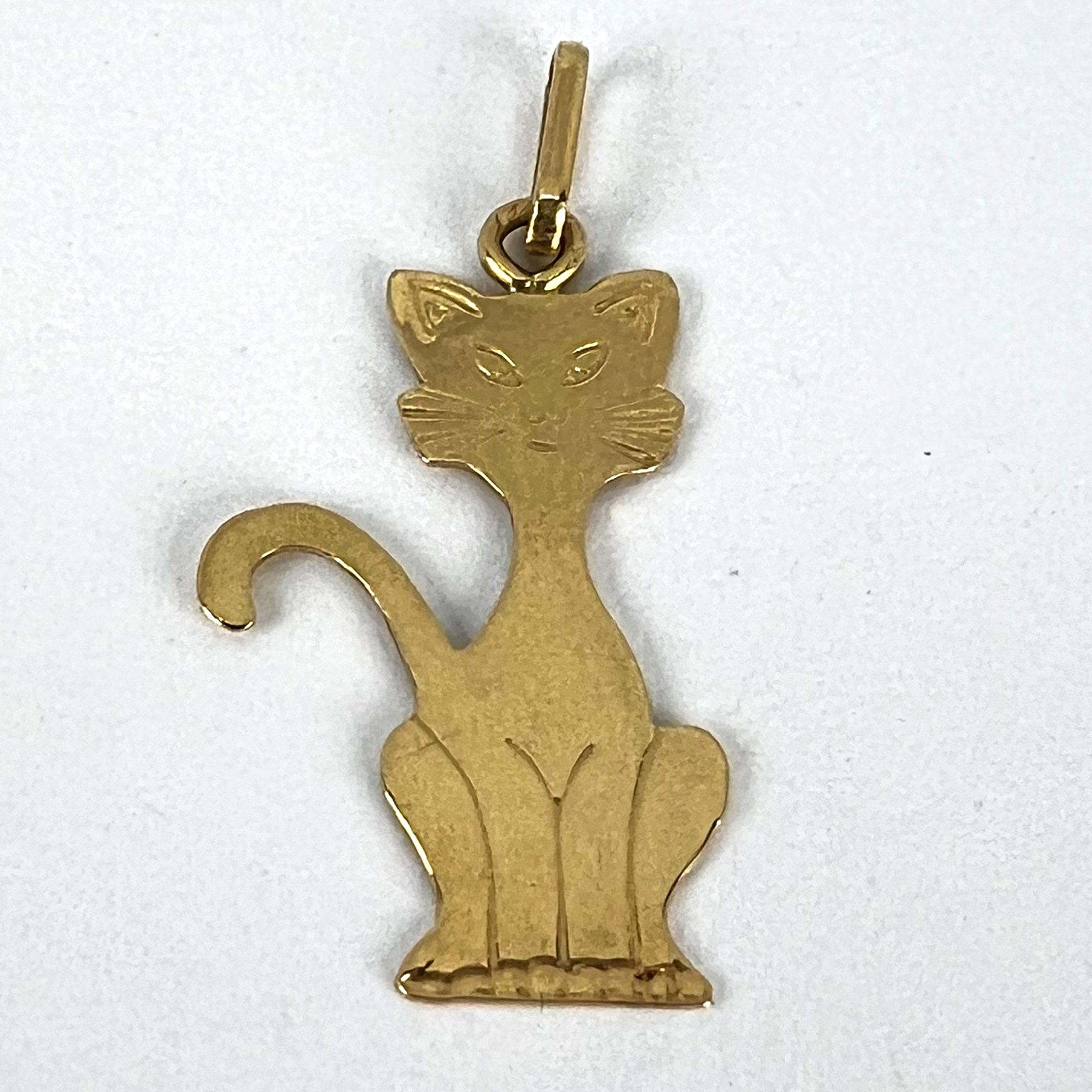 French 18K Yellow Gold Engraved Cat Charm Pendant For Sale 8