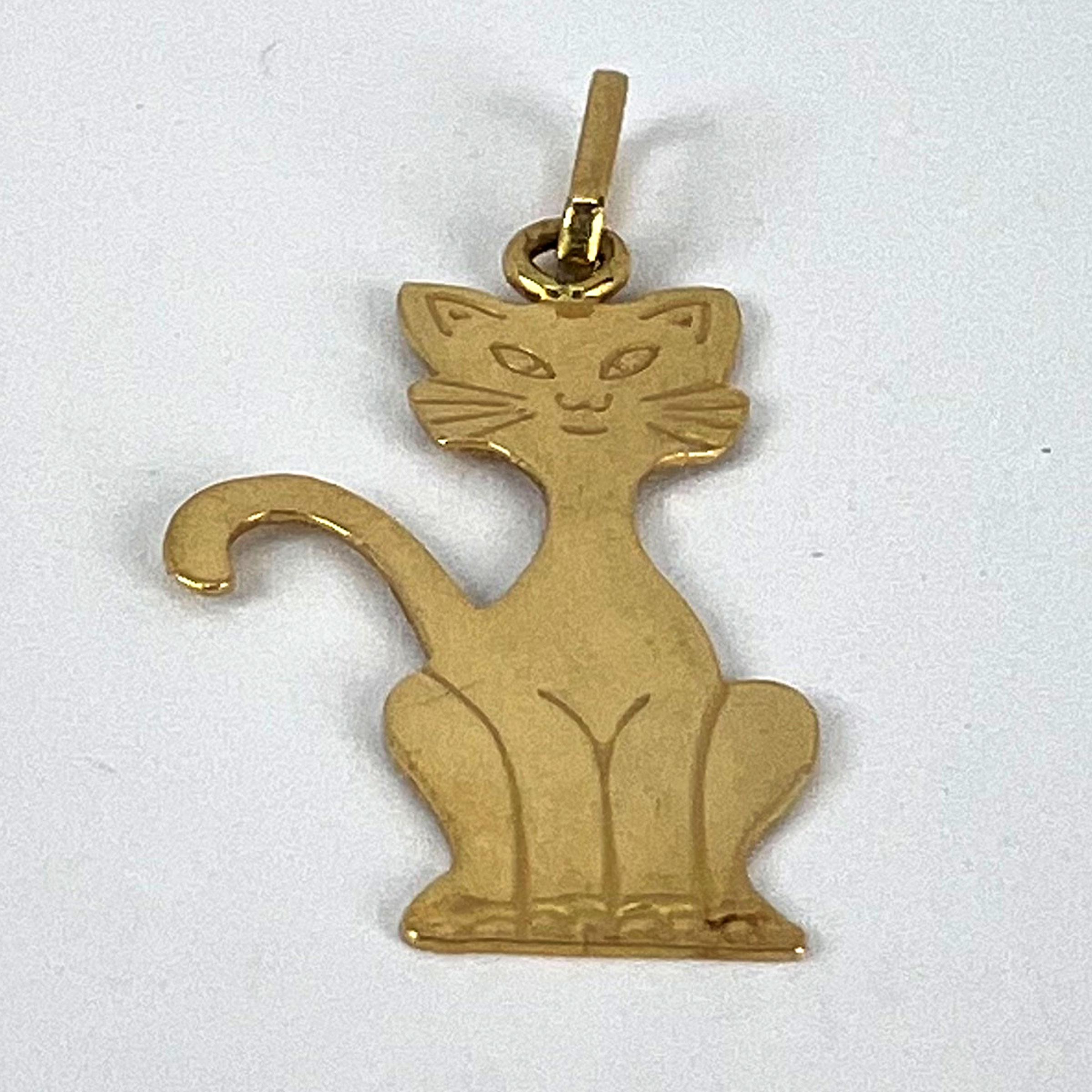 French 18K Yellow Gold Engraved Cat Charm Pendant For Sale 9