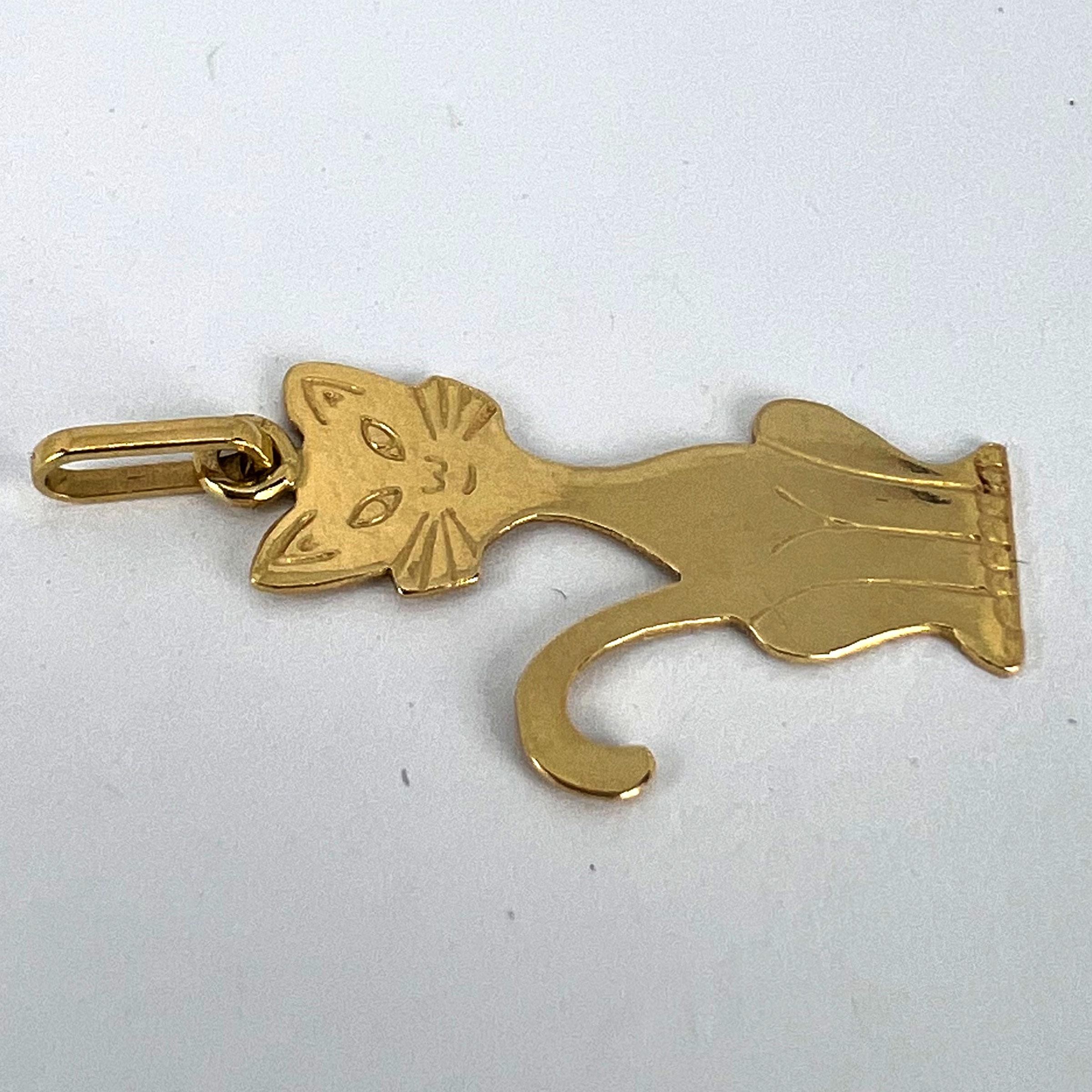 French 18K Yellow Gold Engraved Cat Charm Pendant For Sale 10
