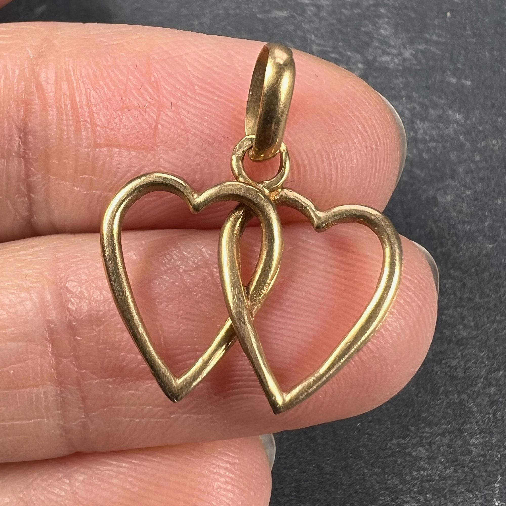 Women's or Men's French 18k Yellow Gold Entwined Love Hearts Charm Pendant For Sale