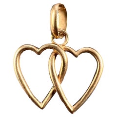 Vintage French 18k Yellow Gold Entwined Love Hearts Charm Pendant